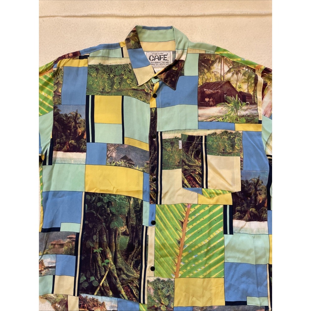 Vintage CAFE Styled In Italy Hawaiian Shirt Mens Size L Aloha Jungle Retro 80s